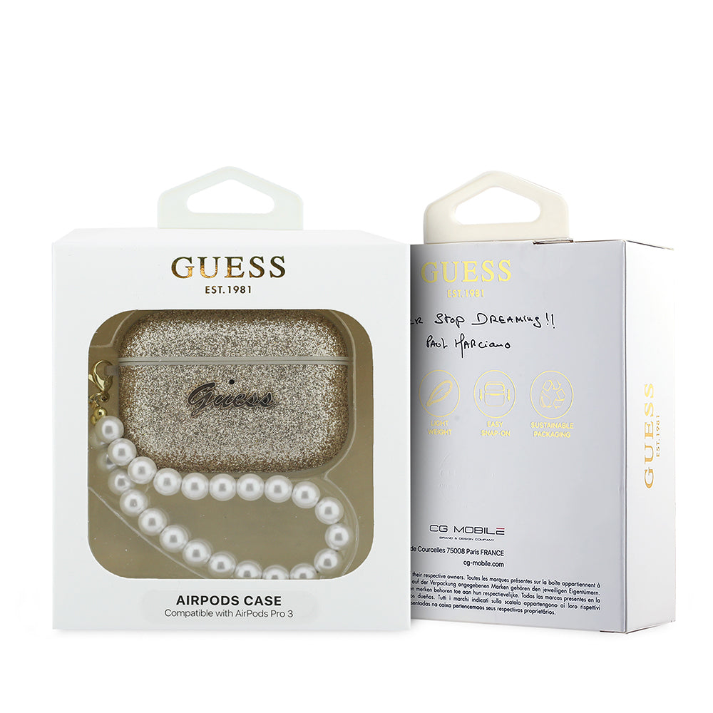 Apple Airpods Pro 3 Kılıf Guess Glitter İnci Bilek Askılı Kapak Pembe