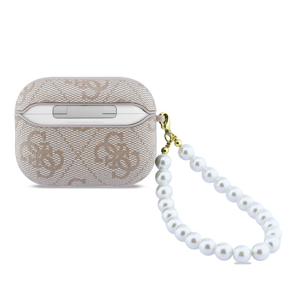 Apple Airpods Pro 3 Kılıf Guess Orjinal Lisanslı 4G Desenli İnci Bilek Askılı Kapak Pembe