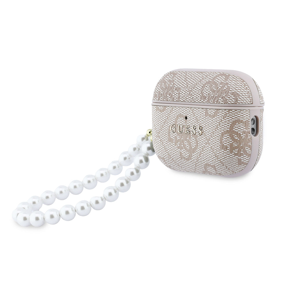 Apple Airpods Pro 3 Kılıf Guess Orjinal Lisanslı 4G Desenli İnci Bilek Askılı Kapak Pembe