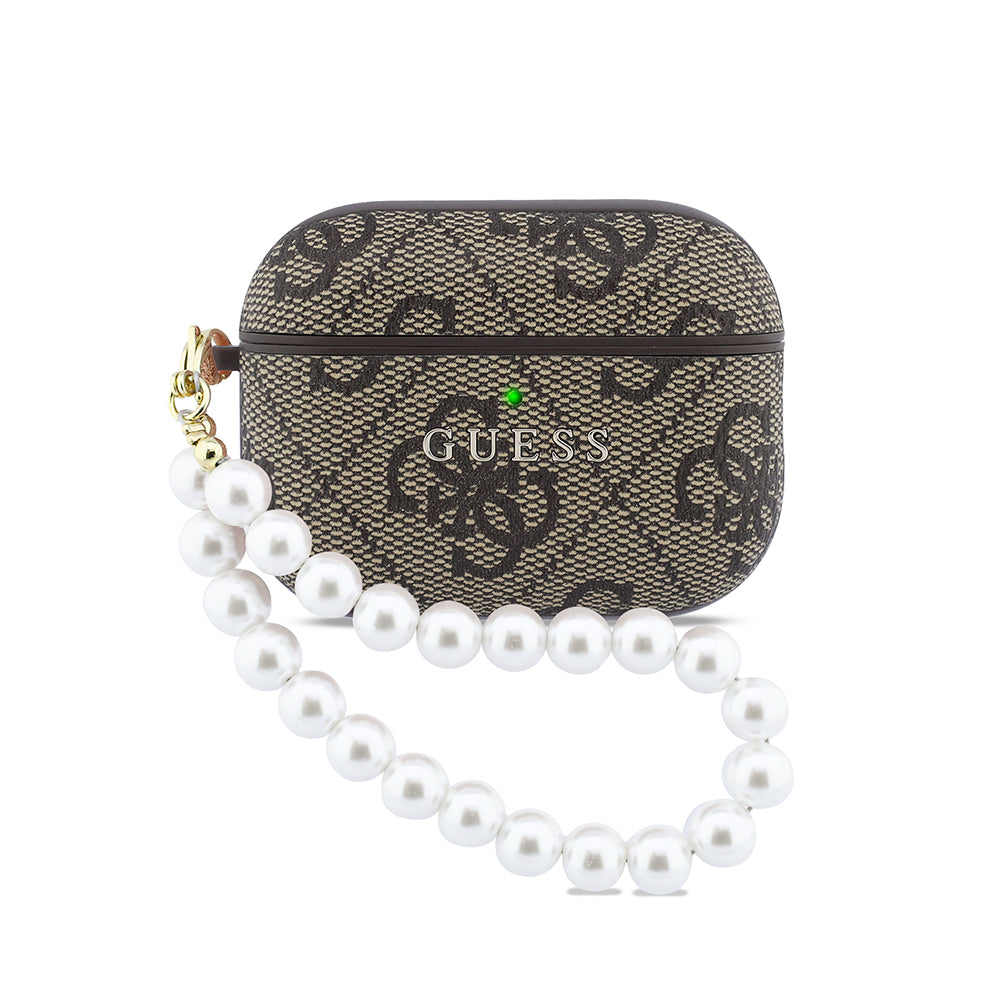 Apple Airpods Pro 3 Kılıf Guess Orjinal Lisanslı 4G Desenli İnci Bilek Askılı Kapak Kahverengi