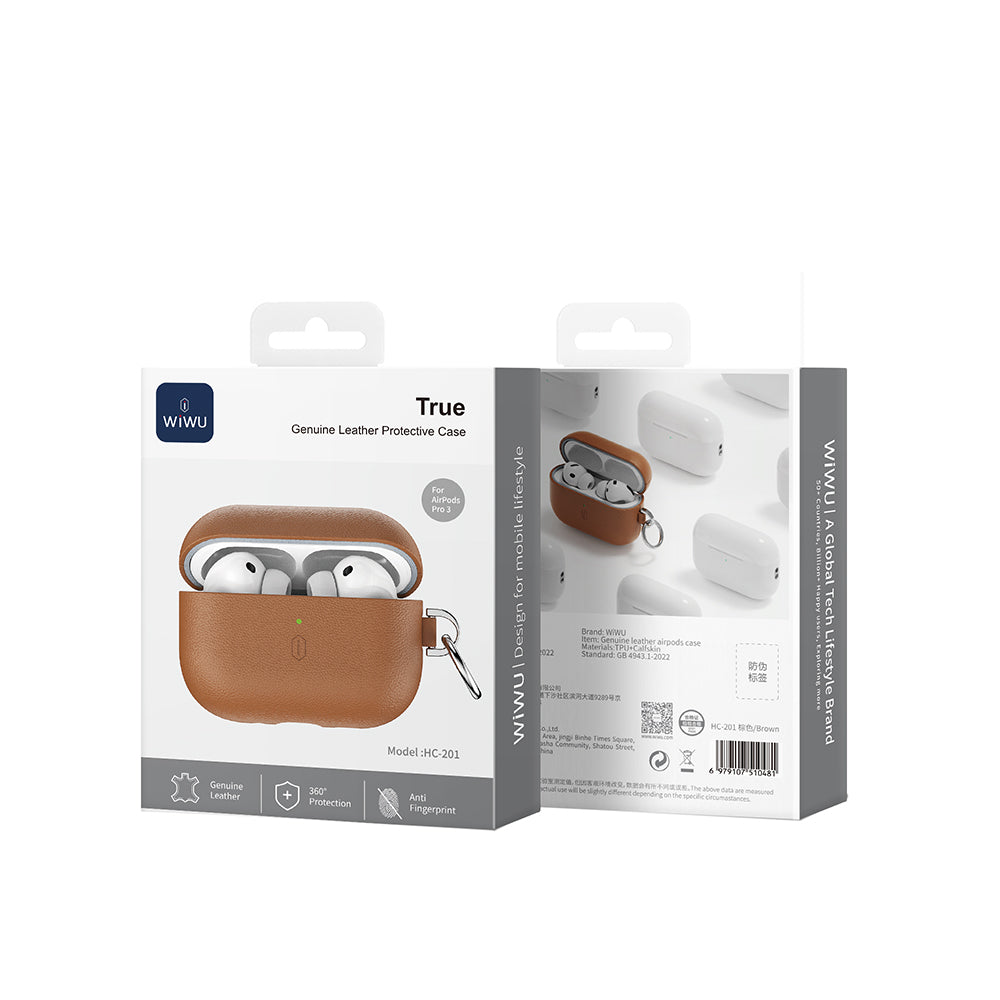 Apple AirPods Pro 3 Wiwu HC-201 Parmak İzi Bırakmayan Deri Kılıf Kahverengi