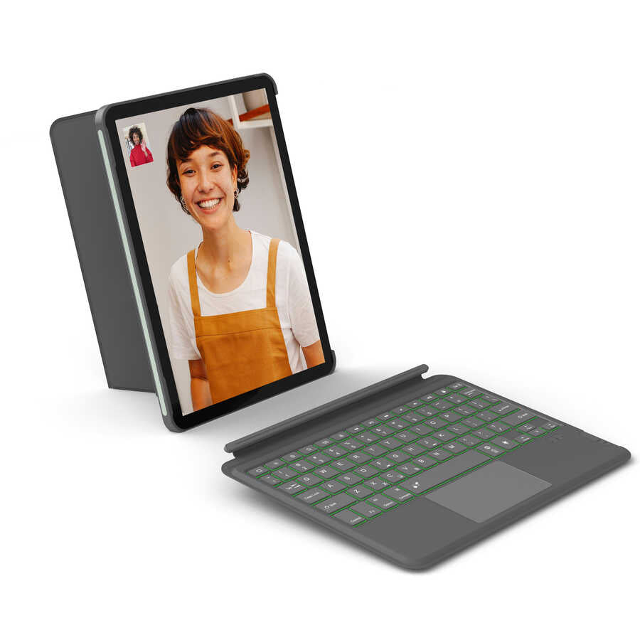 iPad Air 10.9 2020 (4.Nesil) Wiwu Combo Led Işıklı Magnetik Standlı Klavyeli Kılıf Gri