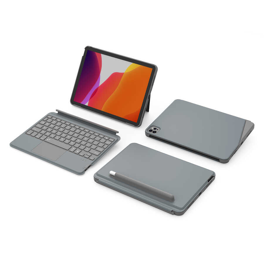 iPad Air 10.9 2020 (4.Nesil) Wiwu Combo Led Işıklı Magnetik Standlı Klavyeli Kılıf Gri