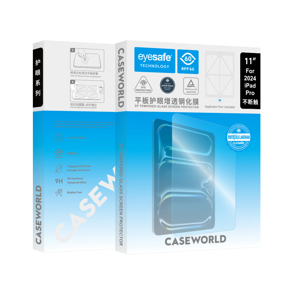 Apple iPad Pro 13 2025 M5 CaseWorld Eyesafe Mavi Işık Teknolojili Temperli Cam Ekran Koruyucu + Uygulama Aparatı Şeffaf