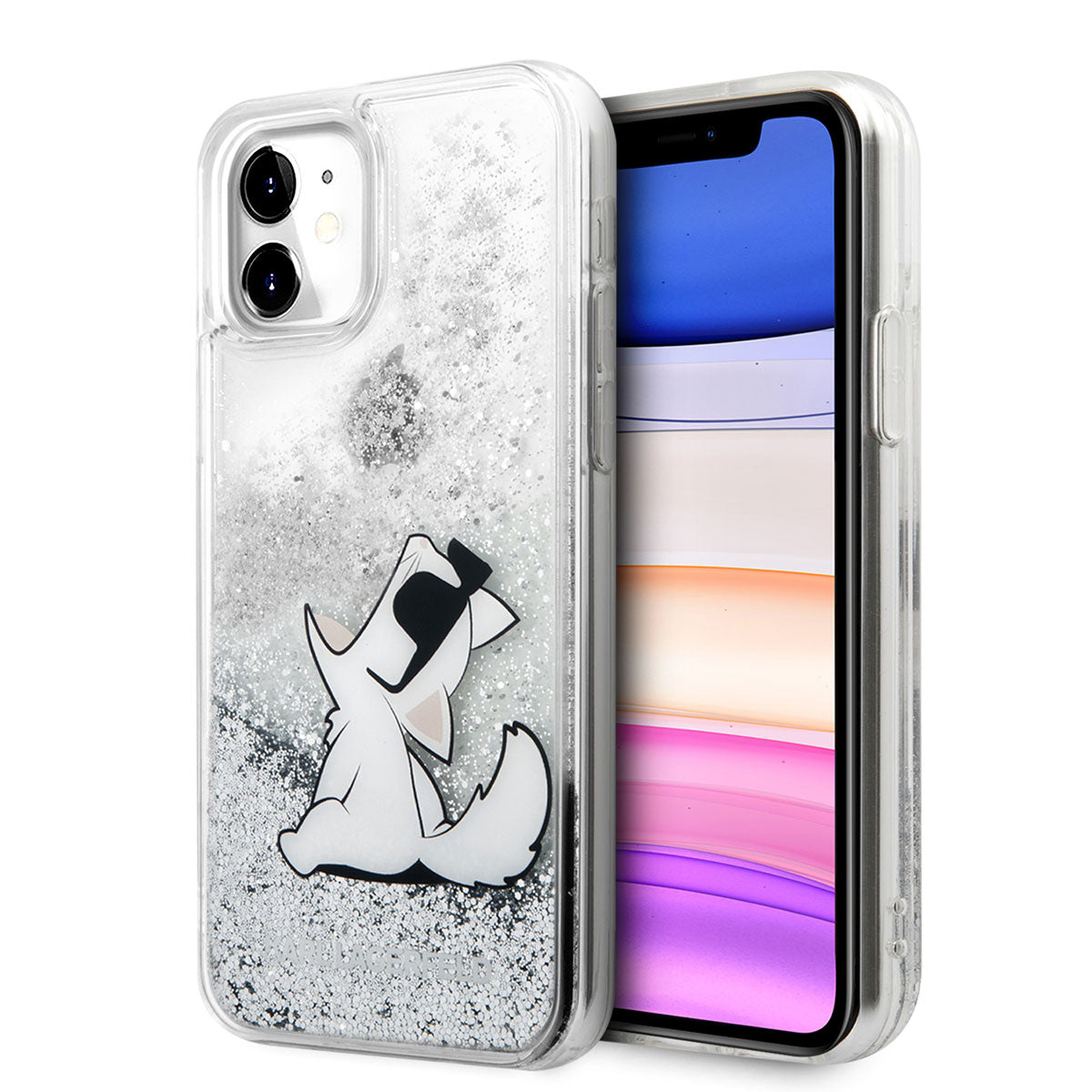 iPhone 11 Kılıf Karl Lagerfeld Sıvılı Simli Choupette Fun Dizayn Kılıf Gümüş