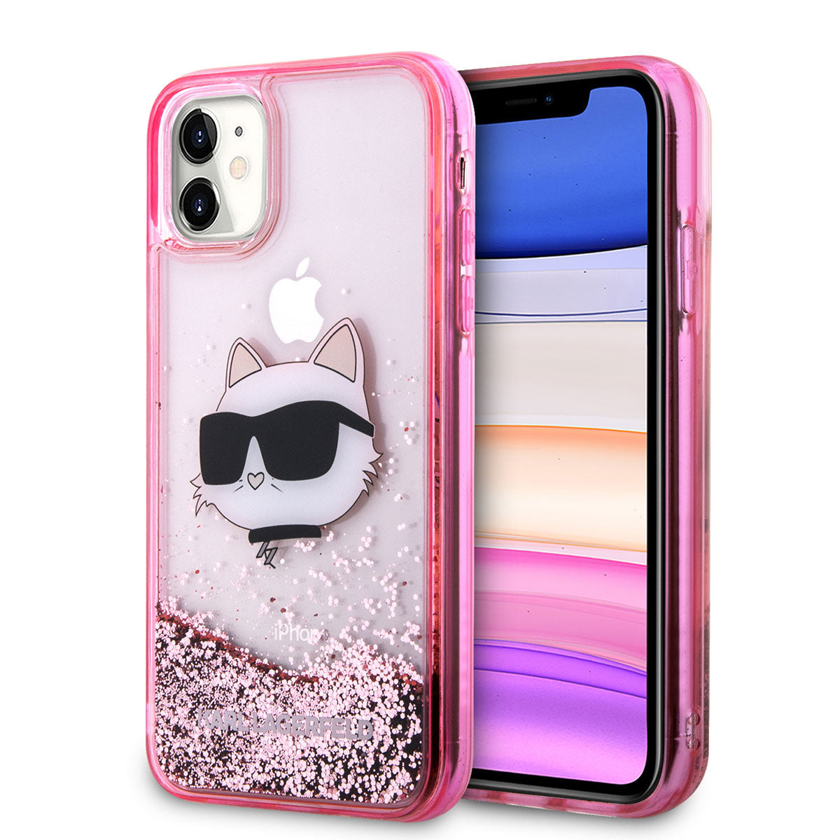 iPhone 11 Kılıf Karl Lagerfeld Sıvılı Simli Choupette Head Dizayn Kılıf Pembe