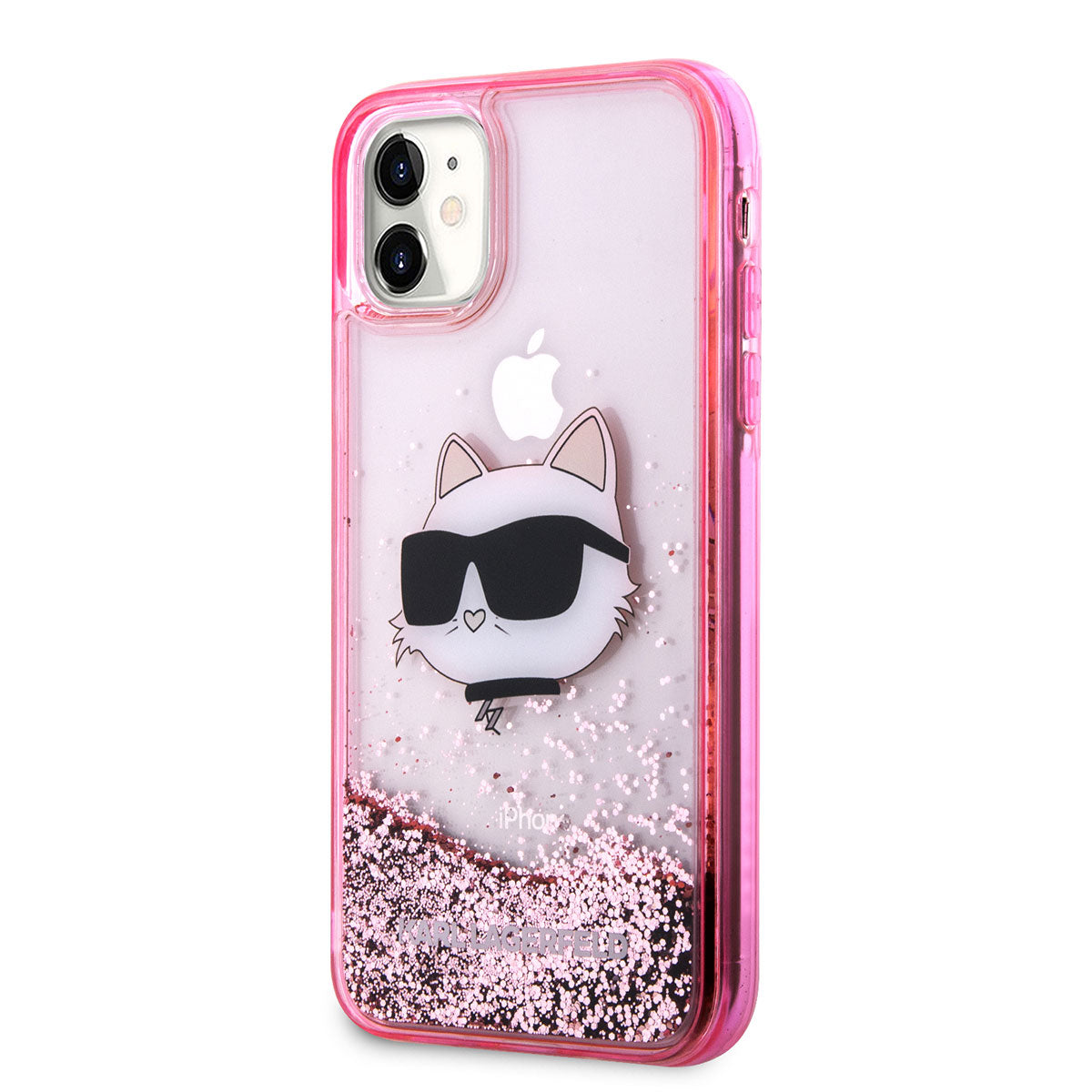 iPhone 11 Kılıf Karl Lagerfeld Sıvılı Simli Choupette Head Dizayn Kılıf Pembe