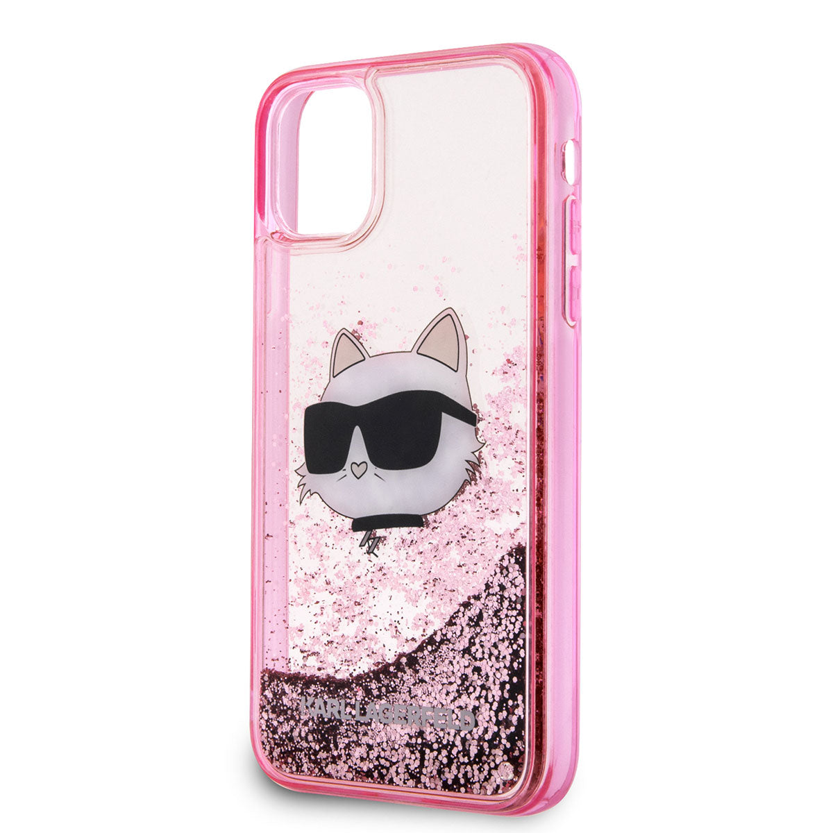 iPhone 11 Kılıf Karl Lagerfeld Sıvılı Simli Choupette Head Dizayn Kılıf Pembe