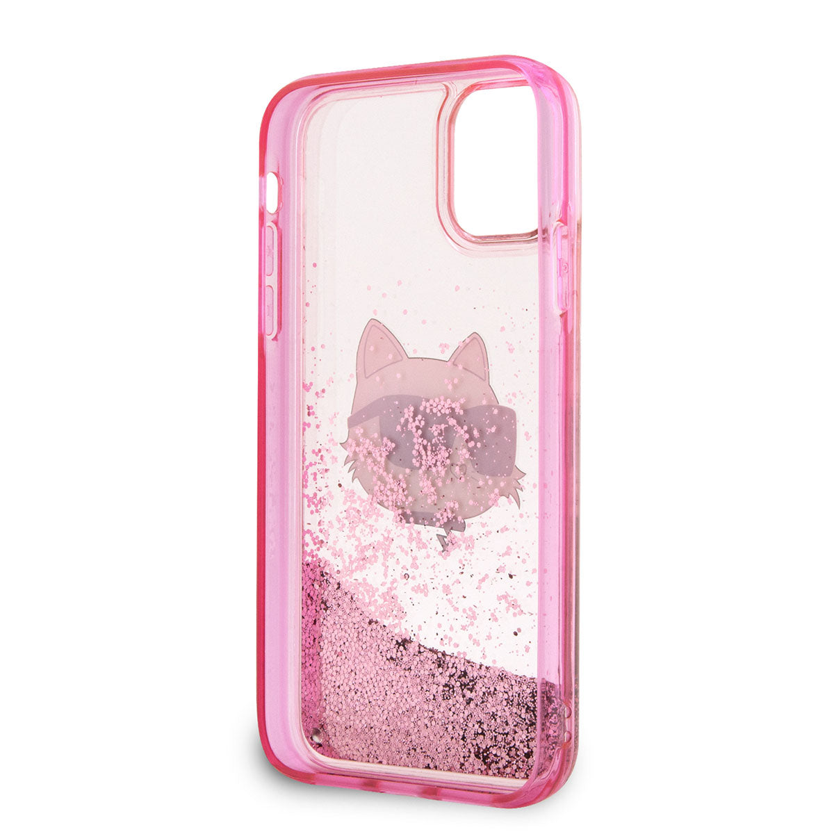 iPhone 11 Kılıf Karl Lagerfeld Sıvılı Simli Choupette Head Dizayn Kılıf Pembe