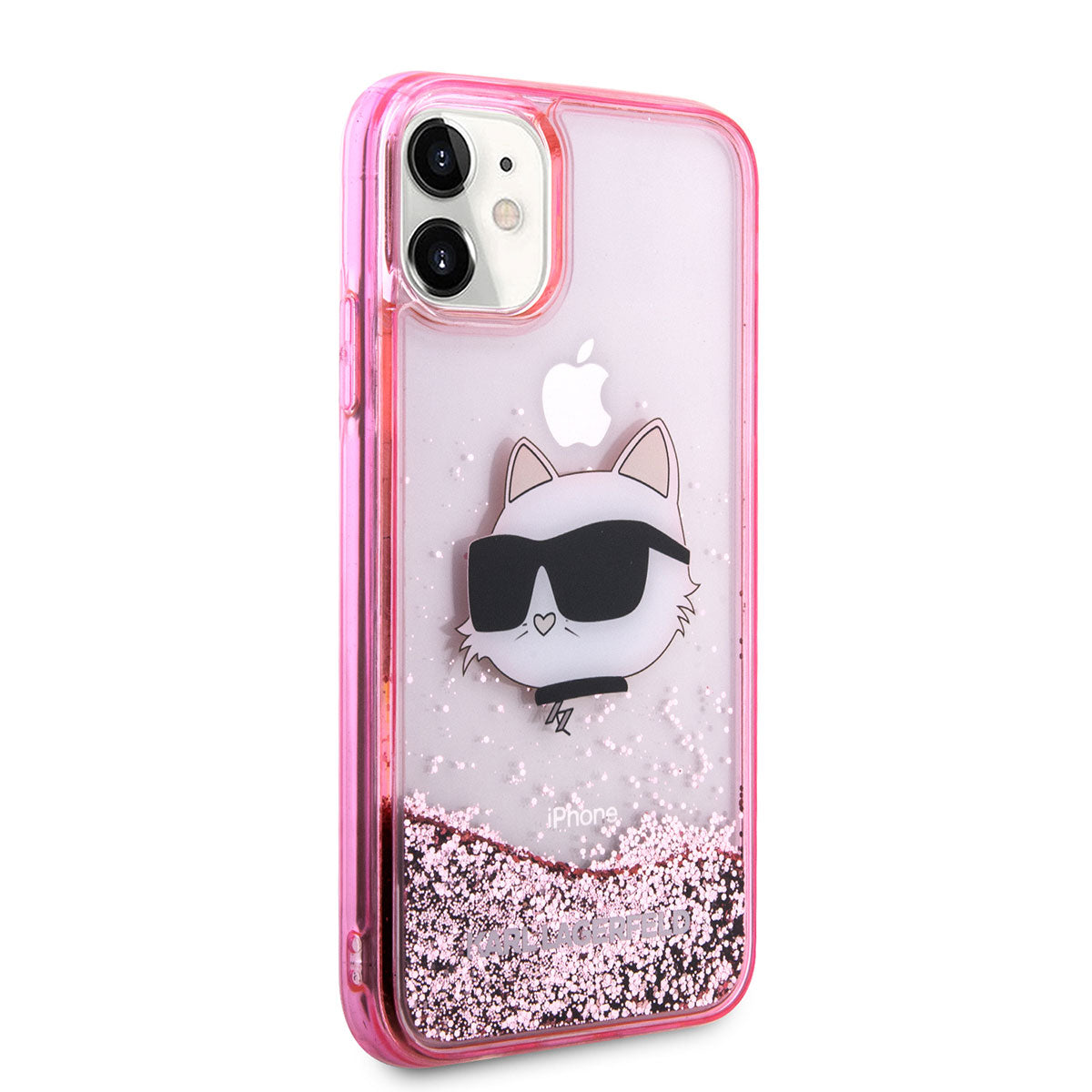 iPhone 11 Kılıf Karl Lagerfeld Sıvılı Simli Choupette Head Dizayn Kılıf Pembe