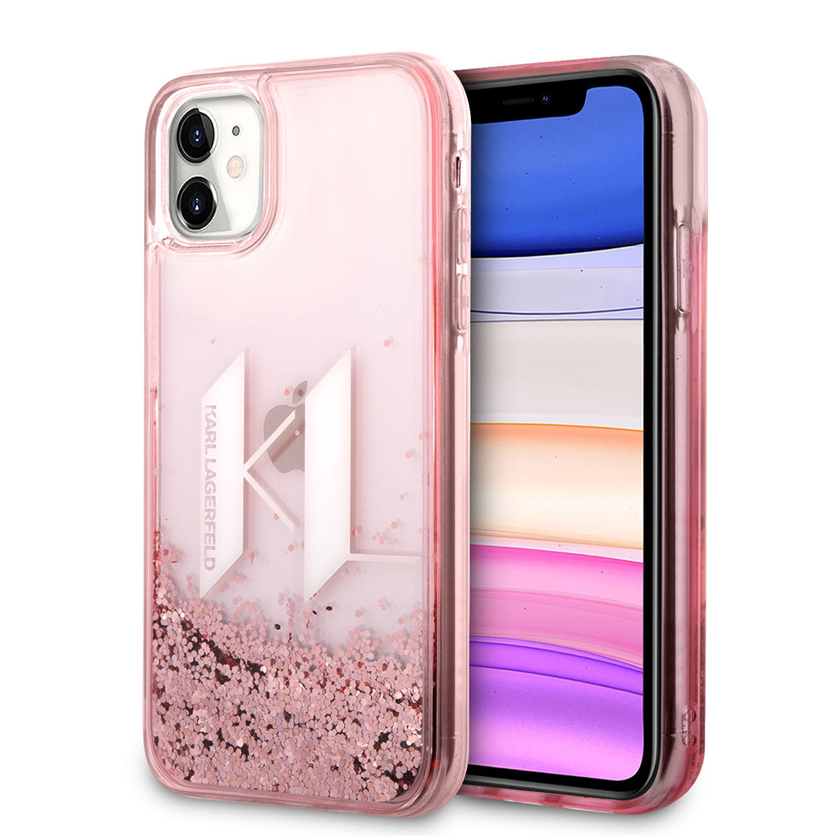 iPhone 11 Kılıf Karl Lagerfeld Sıvılı Simli Dizayn Kılıf Pembe