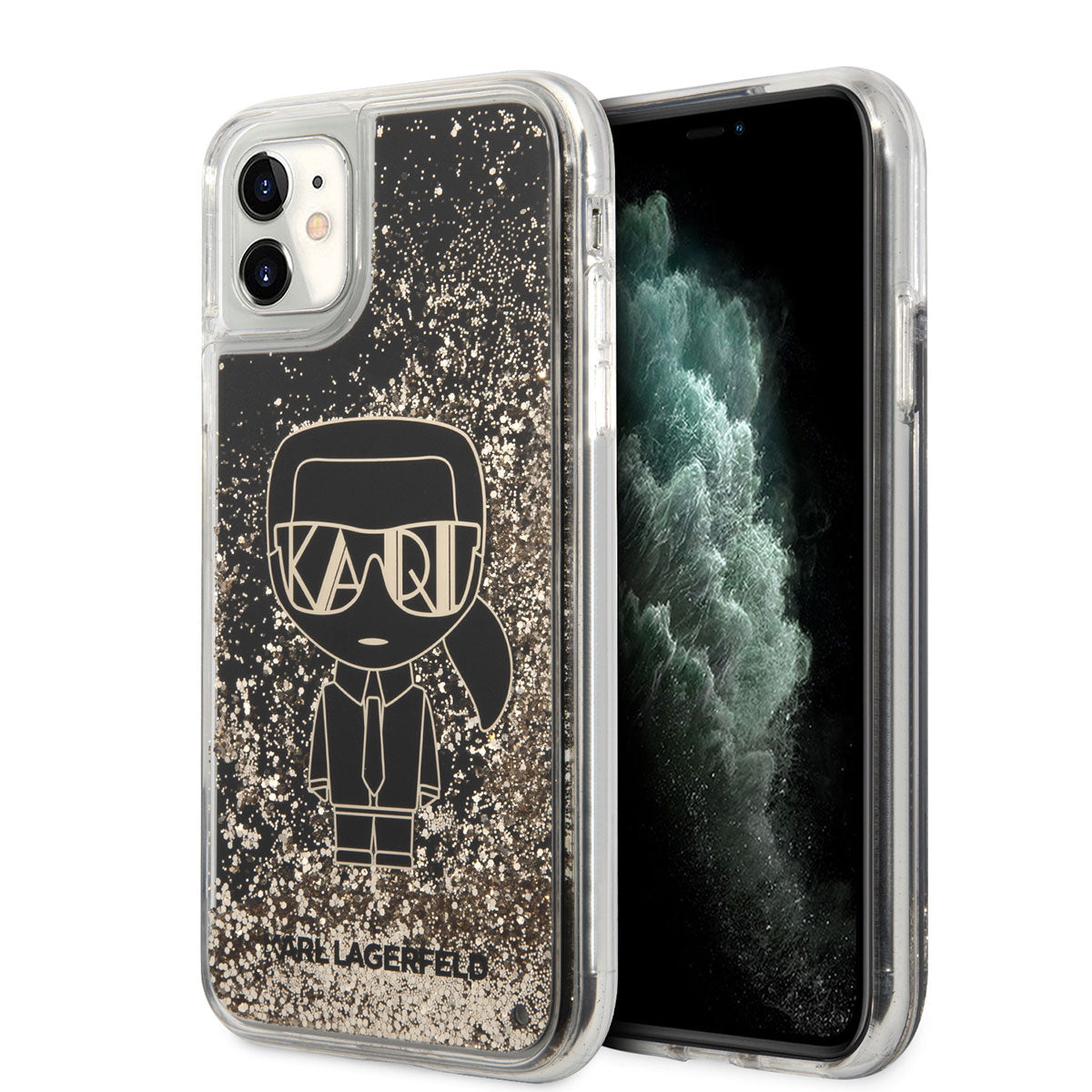 iPhone 11 Kılıf Karl Lagerfeld Sıvılı Simli Gatsby Dizayn Kılıf Siyah