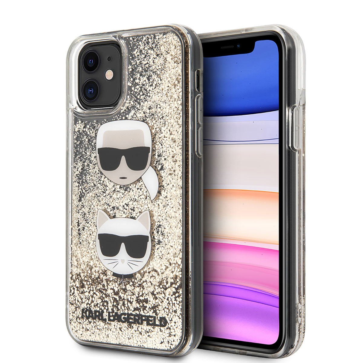 iPhone 11 Kılıf Karl Lagerfeld Sıvılı Simli K&C Head Dizayn Kılıf Gold