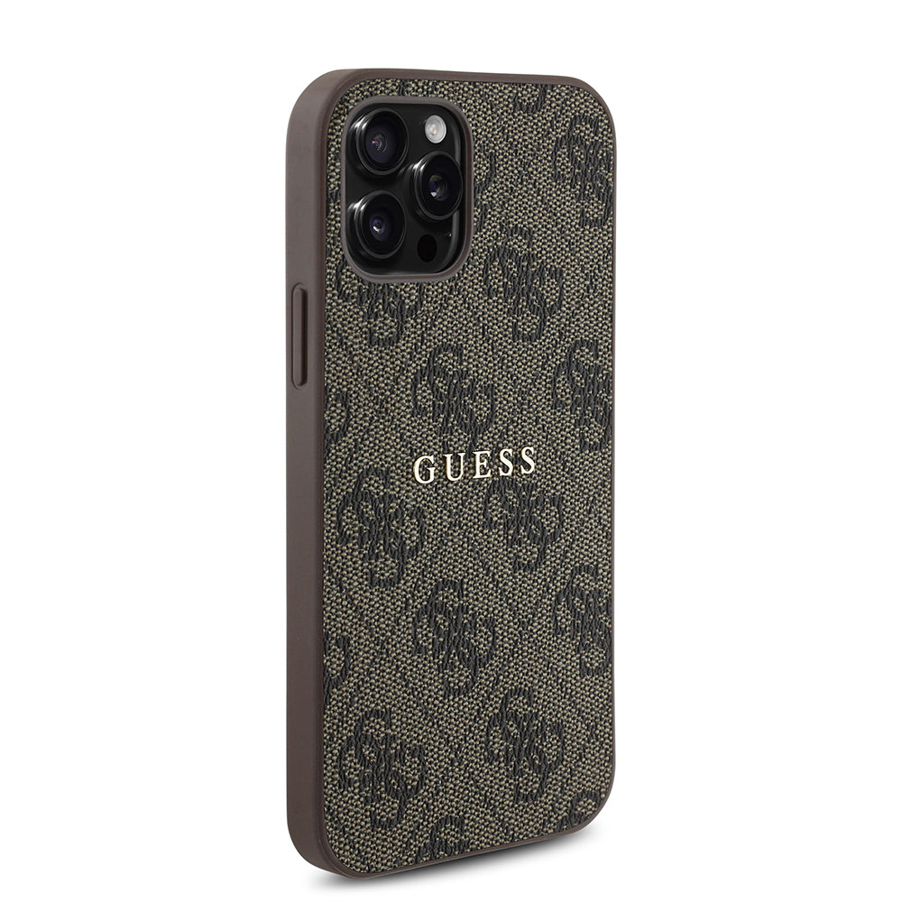 Apple iPhone 12 Pro Kılıf Guess Orjinal Lisanslı Magsafe Şarj Özellikli 4G Desen Yazı Logolu Kapak Kahverengi