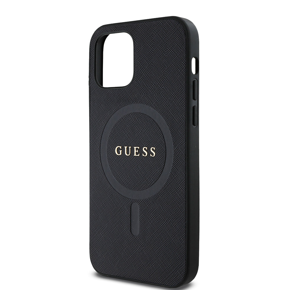 Apple iPhone 12 Pro Kılıf Guess Orjinal Lisanslı Magsafe Şarj Özellikli Yazı Logolu Saffiano Classic Kapak Siyah