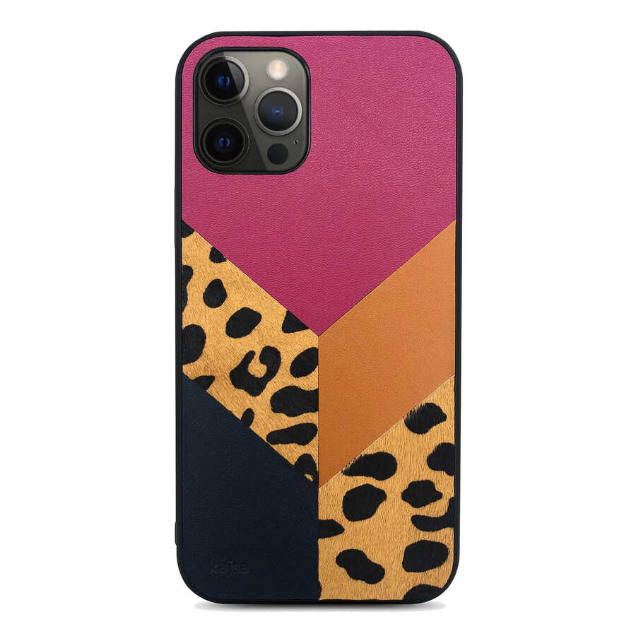 iPhone 12 Pro Kılıf Kajsa Glamorous Serisi Leopard Combo Kılıf Pembe