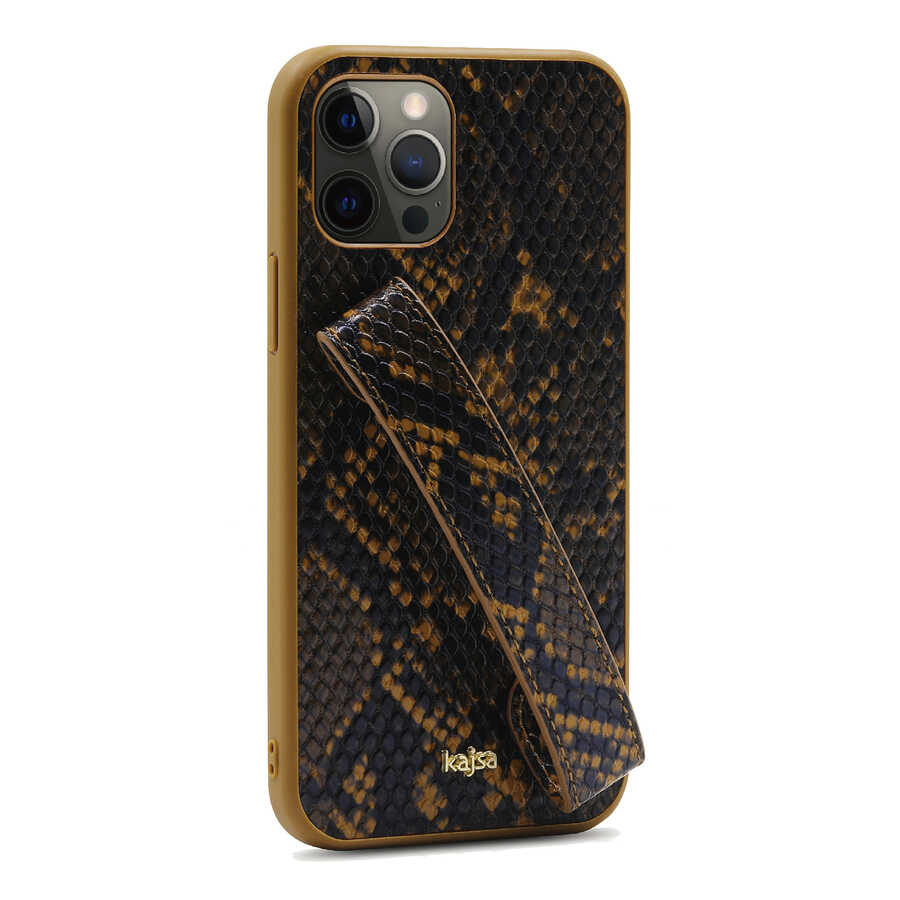 iPhone 12 Pro Kılıf Kajsa Glamorous Serisi Snake Handstrap Kılıf Sarı