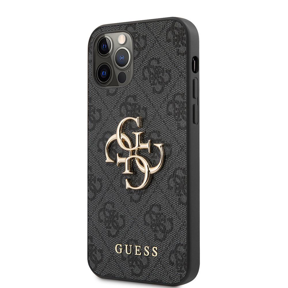 Apple iPhone 12 Pro Max Kılıf Guess Orjinal Lisanslı PU Deri Büyük Metal Logo Dizaynlı Kapak Kahverengi