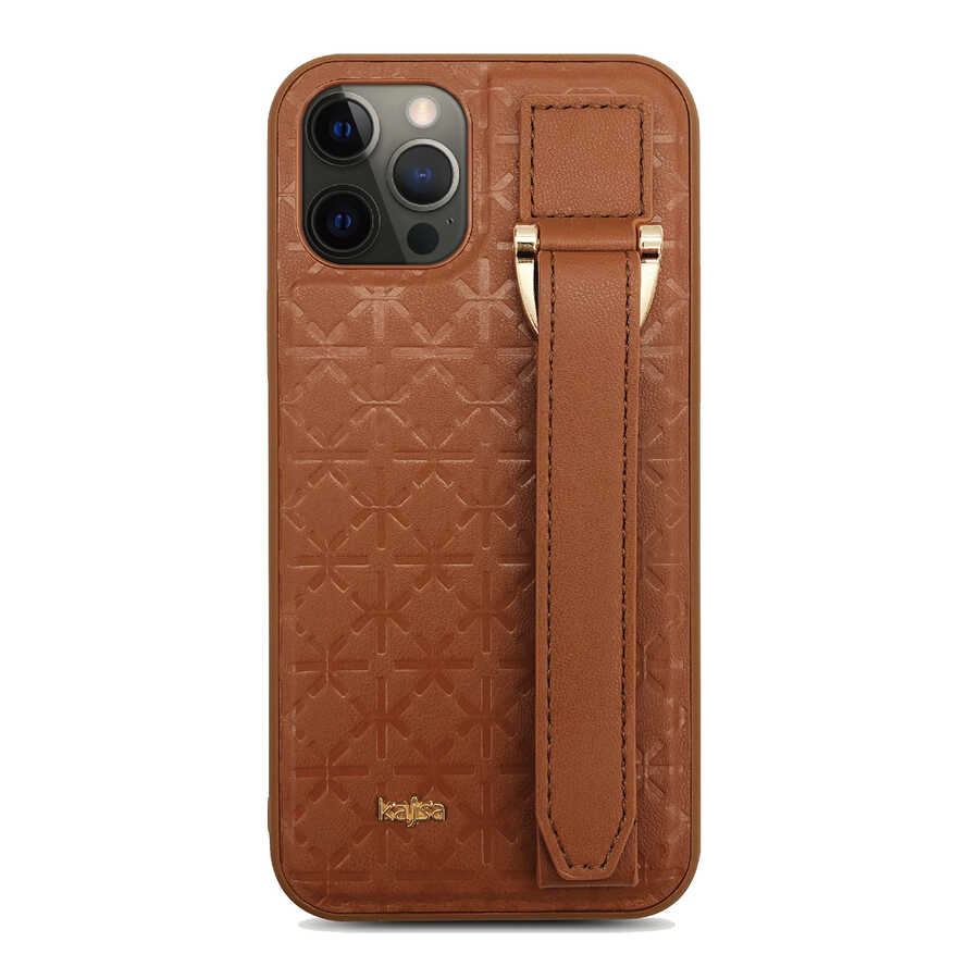 iPhone 12 Pro Max Kılıf Kajsa Neo Clasic Serisi Mono K Strap Kılıf Kahverengi