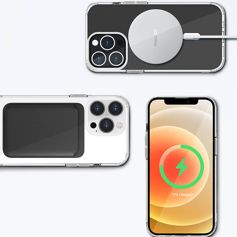 iPhone 13 Kılıf Magsafe Şarj Özellikli Airbagli Şeffaf PC Arka Yüzey Recci Magnetik Suction Serisi Kılıf Şeffaf