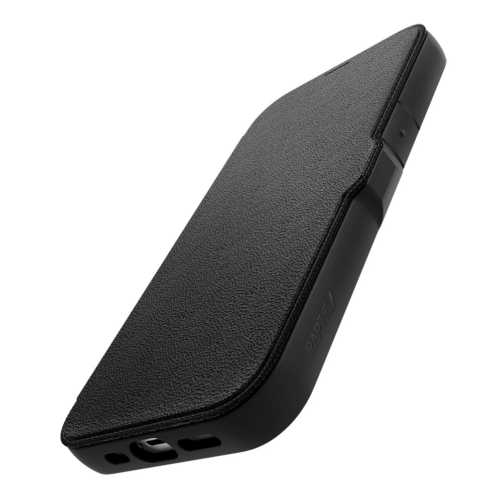 iPhone 13 Kılıf Vegan Deri Tasarımlı Şeffaf Arka Yüzey Kartlıklı Raptic Urban Folio Serisi Kılıf Siyah