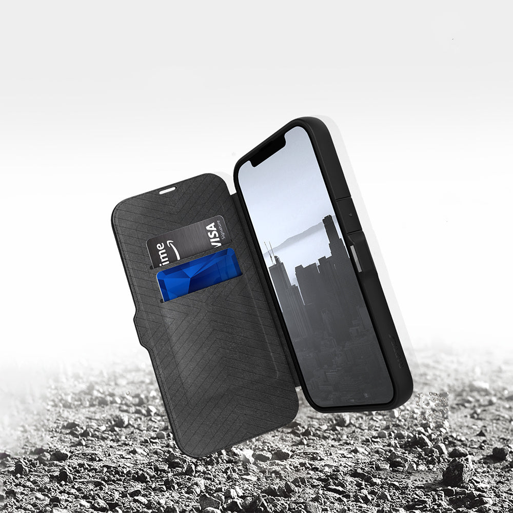 iPhone 13 Kılıf Vegan Deri Tasarımlı Şeffaf Arka Yüzey Kartlıklı Raptic Urban Folio Serisi Kılıf Siyah