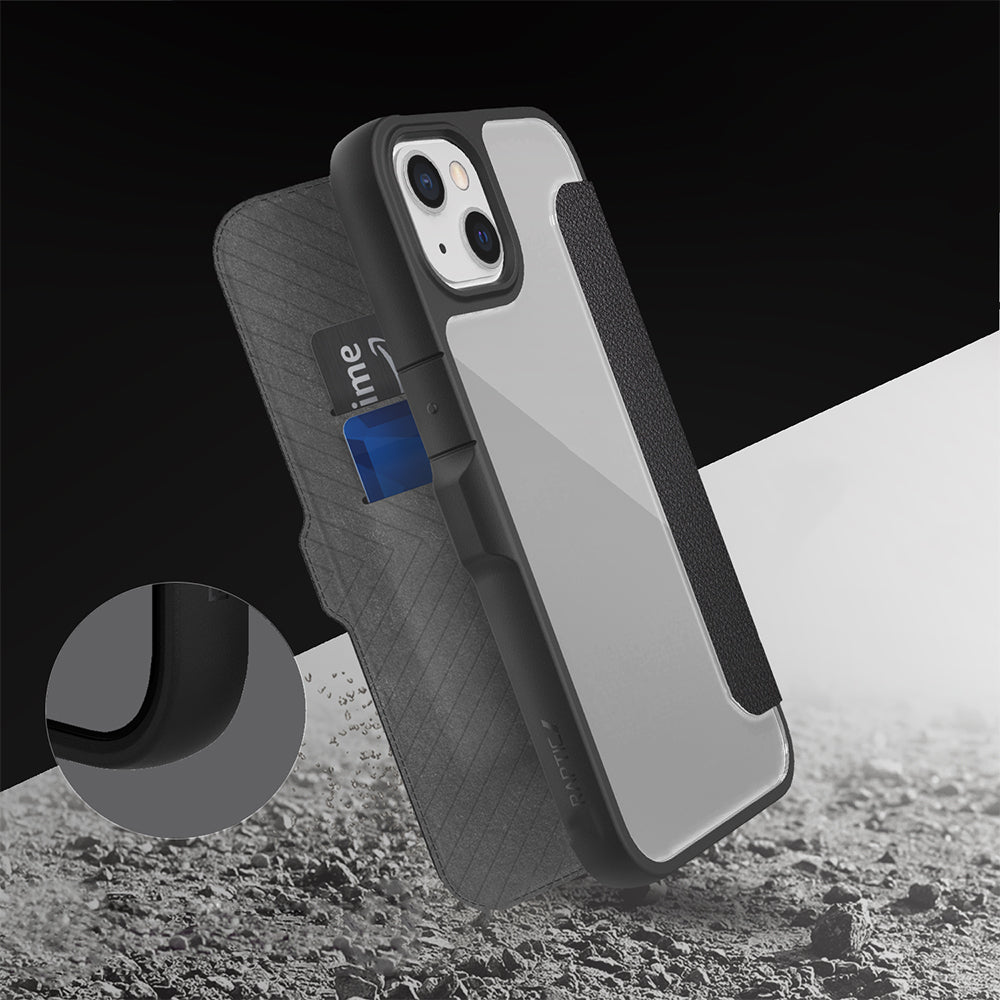 iPhone 13 Kılıf Vegan Deri Tasarımlı Şeffaf Arka Yüzey Kartlıklı Raptic Urban Folio Serisi Kılıf Siyah