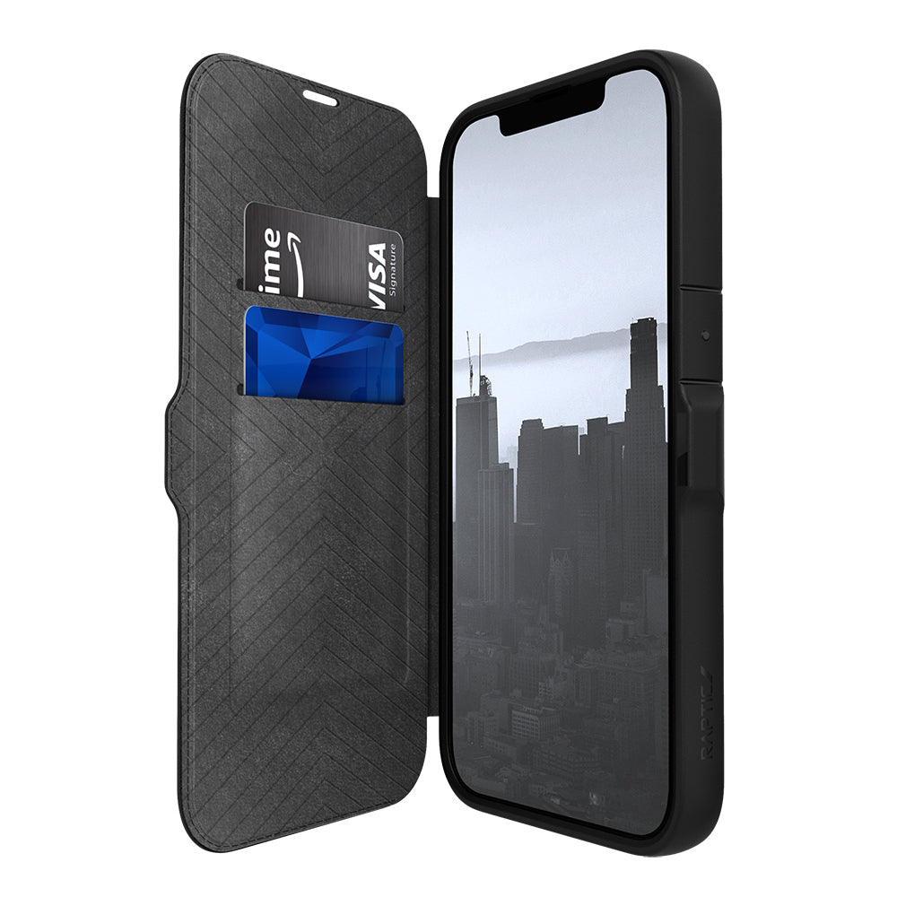 iPhone 13 Kılıf Vegan Deri Tasarımlı Şeffaf Arka Yüzey Kartlıklı Raptic Urban Folio Serisi Kılıf Siyah