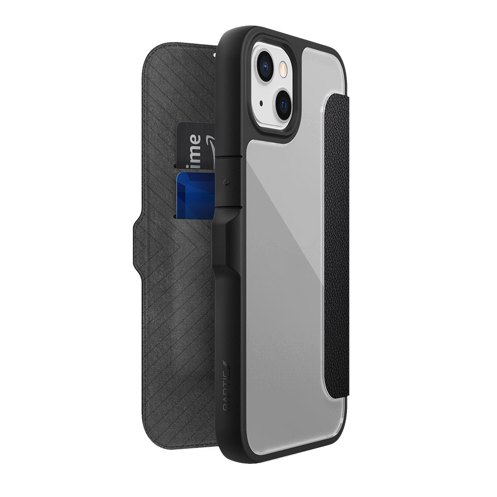 iPhone 13 Kılıf Vegan Deri Tasarımlı Şeffaf Arka Yüzey Kartlıklı Raptic Urban Folio Serisi Kılıf Siyah