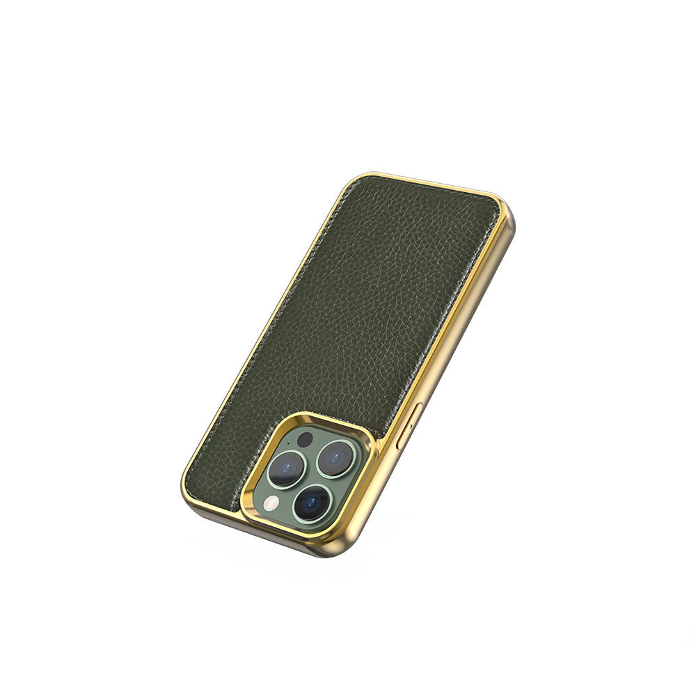 iPhone 13 Mini Kılıf Wiwu Genuine Leather Gold Calfskin Orjinal Deri Kılıf Yeşil