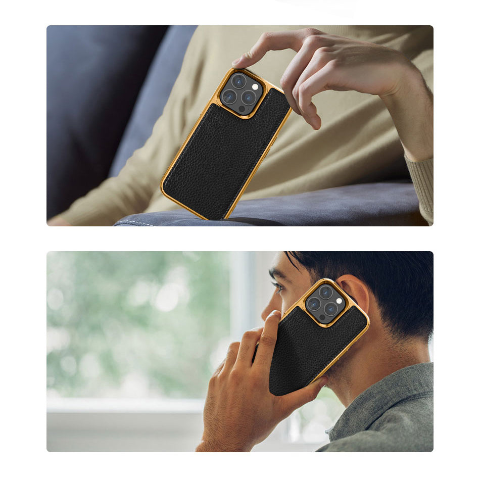 iPhone 13 Mini Kılıf Wiwu Genuine Leather Gold Calfskin Orjinal Deri Kılıf Yeşil