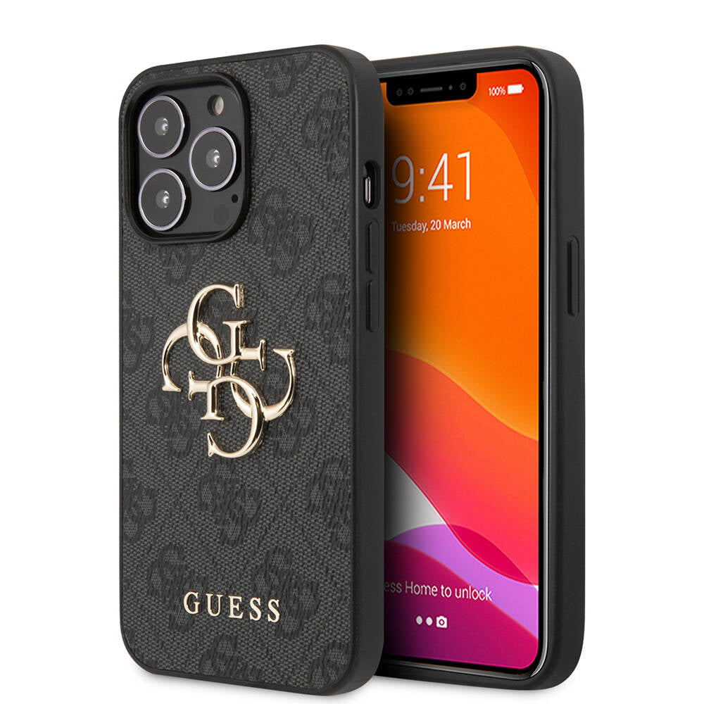 Apple iPhone 13 Pro Kılıf Guess Orjinal Lisanslı PU Deri 4G Desenli Metal Büyük 4G ve Yazı Logolu Kapak Kahverengi