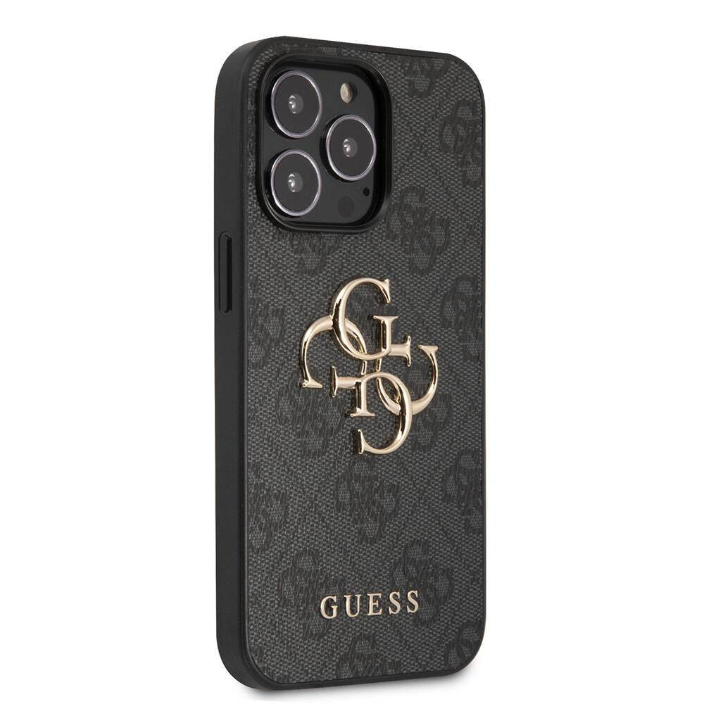 Apple iPhone 13 Pro Kılıf Guess Orjinal Lisanslı PU Deri 4G Desenli Metal Büyük 4G ve Yazı Logolu Kapak Kahverengi