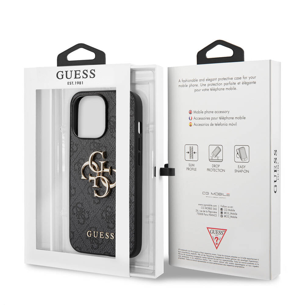 Apple iPhone 13 Pro Kılıf Guess Orjinal Lisanslı PU Deri 4G Desenli Metal Büyük 4G ve Yazı Logolu Kapak Kahverengi