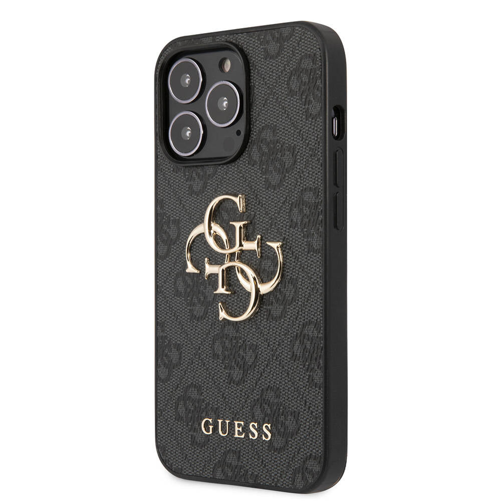 Apple iPhone 13 Pro Kılıf Guess Orjinal Lisanslı PU Deri 4G Desenli Metal Büyük 4G ve Yazı Logolu Kapak Gri