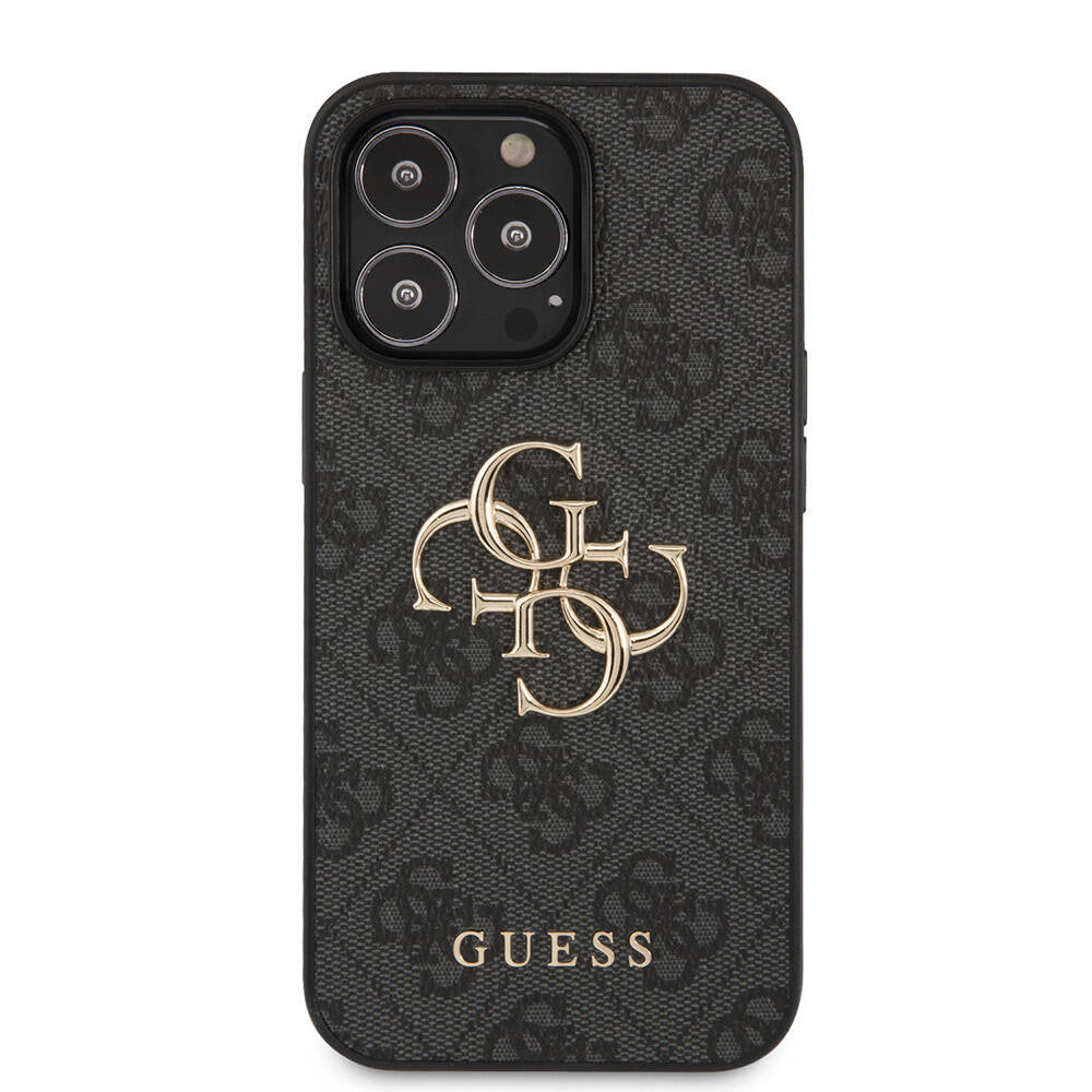 Apple iPhone 13 Pro Kılıf Guess Orjinal Lisanslı PU Deri 4G Desenli Metal Büyük 4G ve Yazı Logolu Kapak Gri