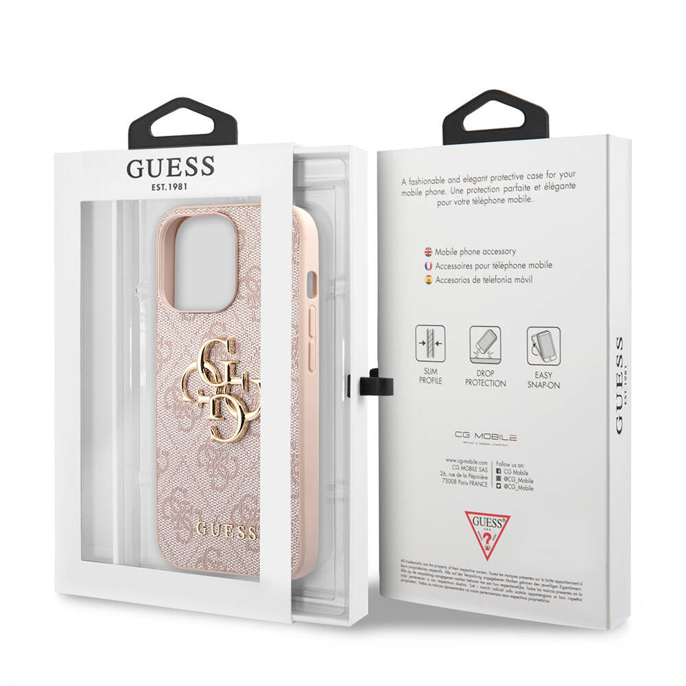 Apple iPhone 13 Pro Kılıf Guess Orjinal Lisanslı PU Deri 4G Desenli Metal Büyük 4G ve Yazı Logolu Kapak Kahverengi
