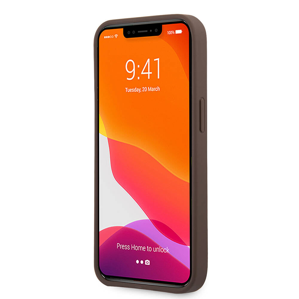 Apple iPhone 13 Pro Kılıf Guess Orjinal Lisanslı PU Deri 4G Desenli Metal Büyük 4G ve Yazı Logolu Kapak Kahverengi
