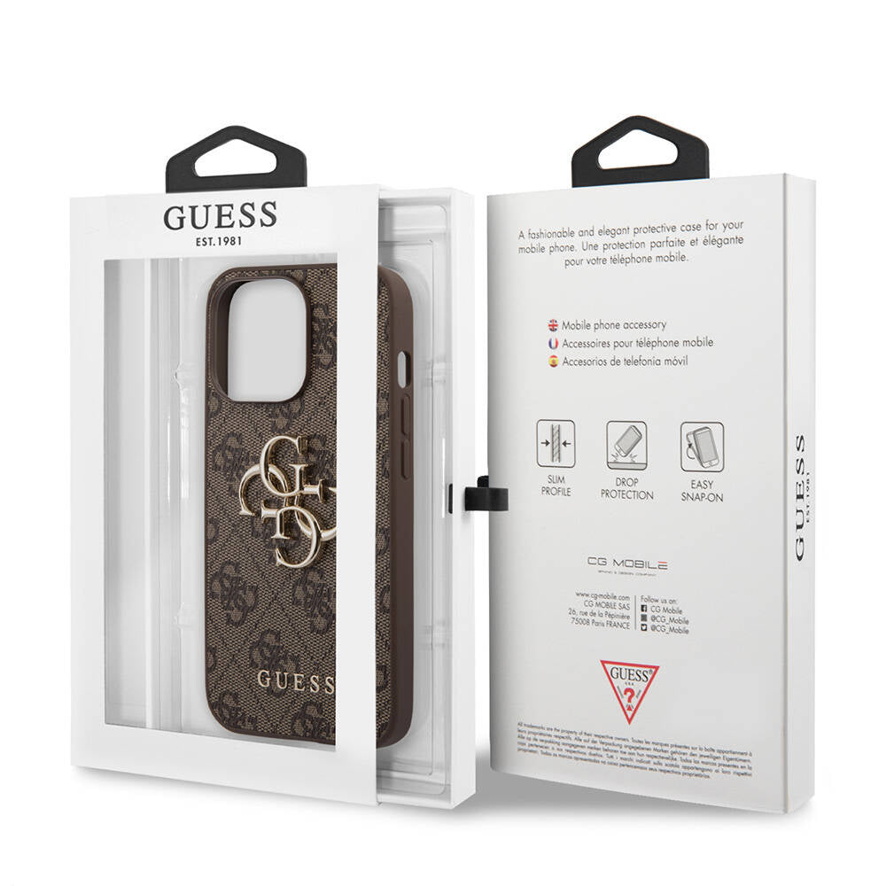 Apple iPhone 13 Pro Kılıf Guess Orjinal Lisanslı PU Deri 4G Desenli Metal Büyük 4G ve Yazı Logolu Kapak Pembe