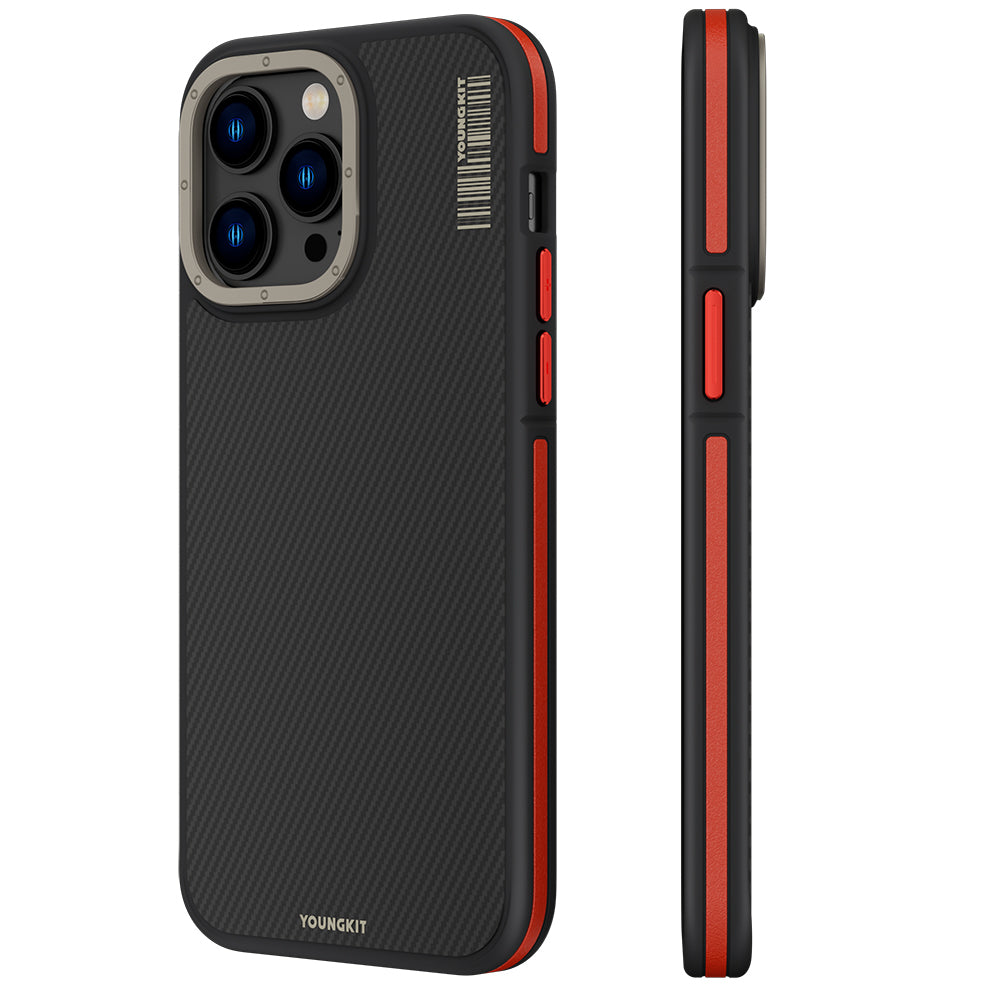 Apple iPhone 13 Pro Kılıf M-safe Şarj Özellikli YoungKit 600D Kevlar Kapak Kırmızı