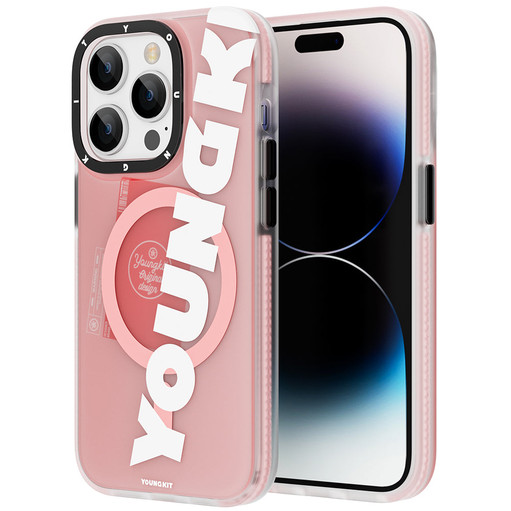 iPhone 13 Pro Kılıf Magsafe Şarj Özellikli Youngkit Binfen Serisi Yazı Temalı Kılıf Pembe
