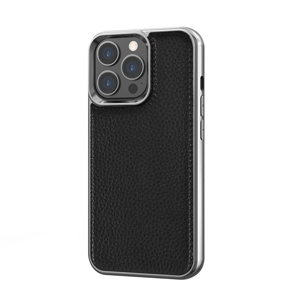 iPhone 13 Pro Kılıf Wiwu Genuine Leather Silver Calfskin Orjinal Deri Kılıf Siyah