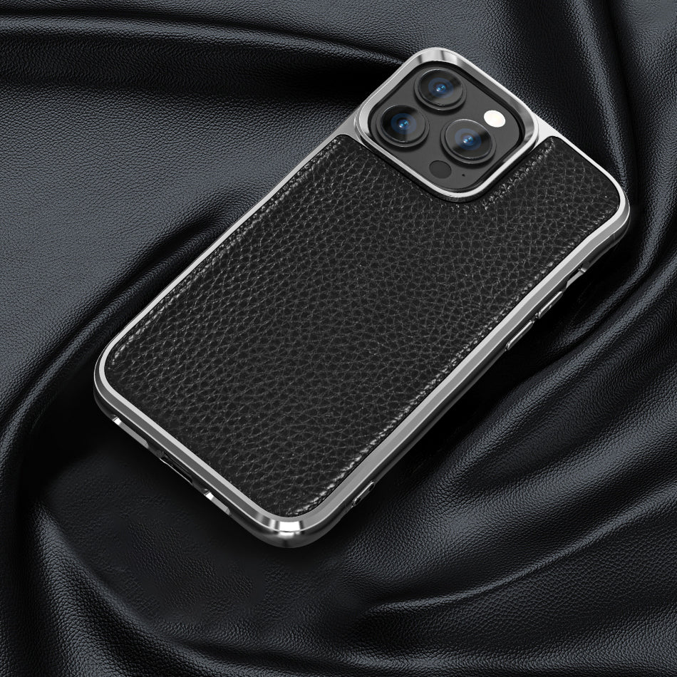 iPhone 13 Pro Kılıf Wiwu Genuine Leather Silver Calfskin Orjinal Deri Kılıf Siyah