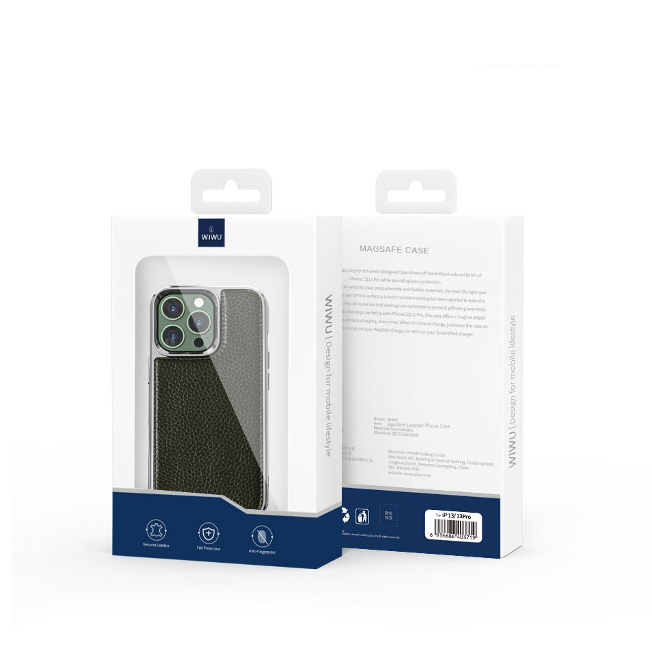 iPhone 13 Pro Kılıf Wiwu Genuine Leather Silver Calfskin Orjinal Deri Kılıf Siyah