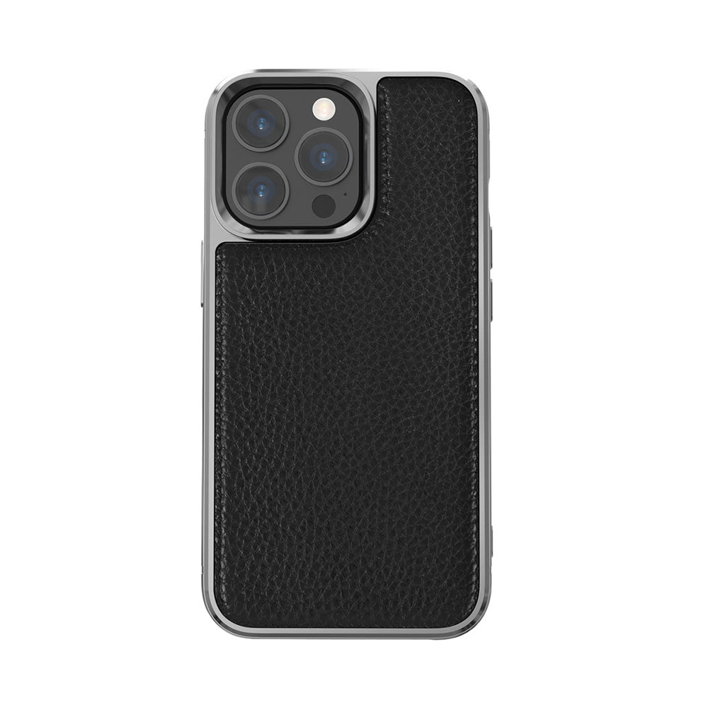 iPhone 13 Pro Kılıf Wiwu Genuine Leather Silver Calfskin Orjinal Deri Kılıf Siyah