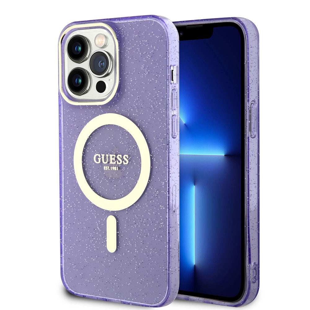 Apple iPhone 13 Pro Max Kılıf GUESS Magsafe Şarj Özellikli Glitter Kapak Mor