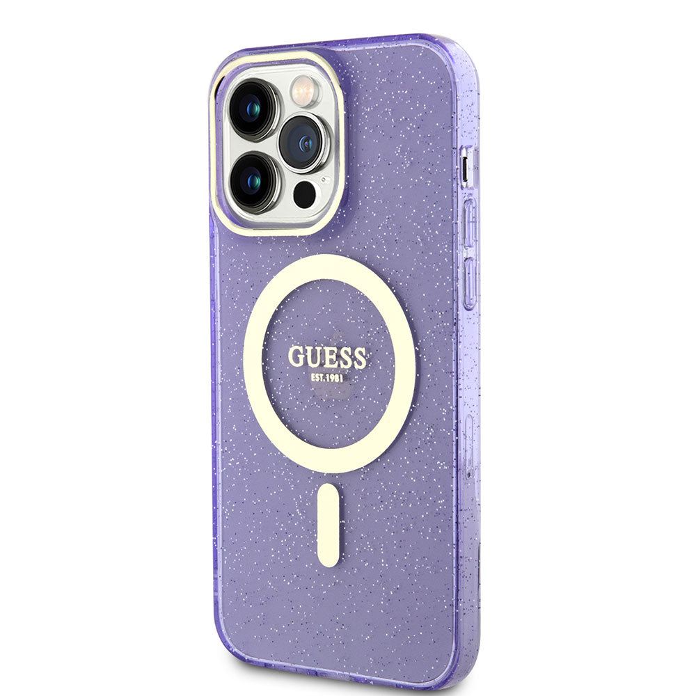 Apple iPhone 13 Pro Max Kılıf GUESS Magsafe Şarj Özellikli Glitter Kapak Mor