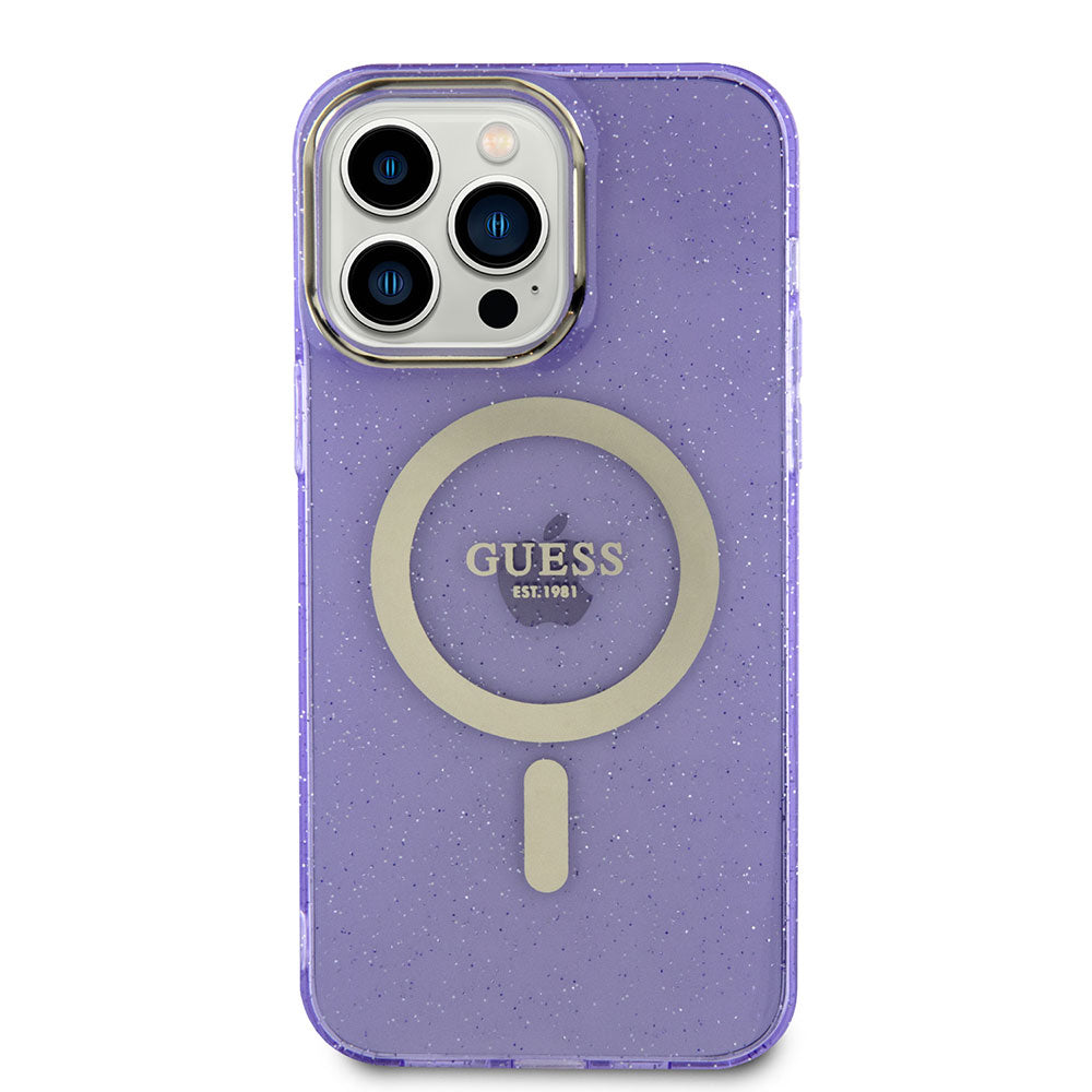 Apple iPhone 13 Pro Max Kılıf GUESS Magsafe Şarj Özellikli Glitter Kapak Mor