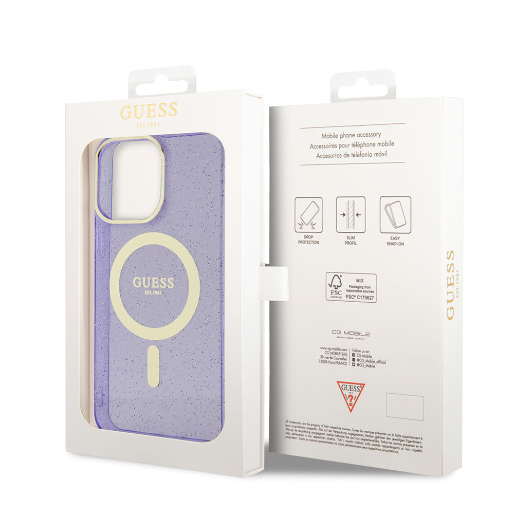 Apple iPhone 13 Pro Max Kılıf GUESS Magsafe Şarj Özellikli Glitter Kapak Mor