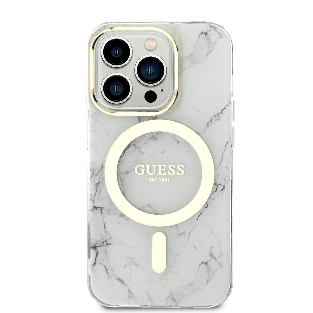 Apple iPhone 13 Pro Max Kılıf GUESS Magsafe Şarj Özellikli Mermer Desenli Kapak Beyaz